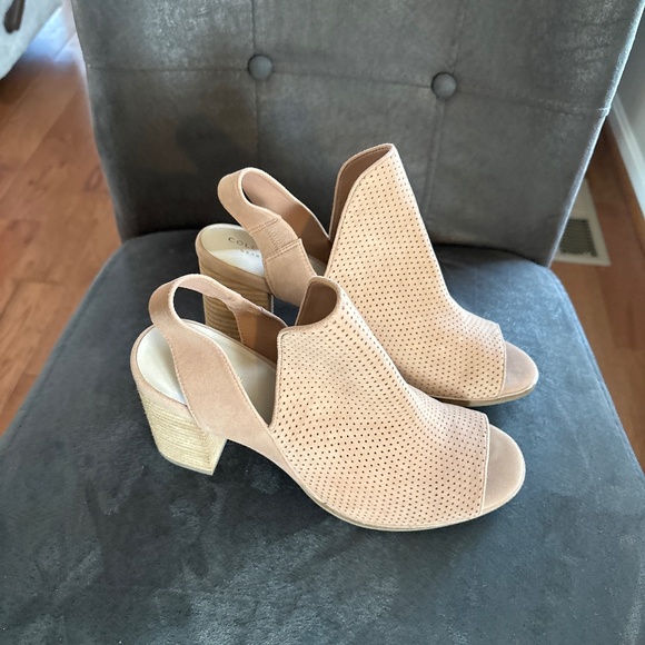 Women’s Cole Haan Callista Peep Toe Sling Back Tan Suede Bootie Shoes Sz 8M - Picture 1 of 7